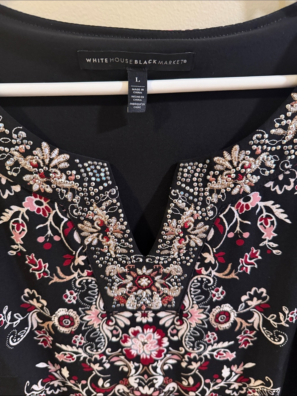 White House Black Market Black Tunic with Pink and Cream Embroidery - Picture 3 of 6